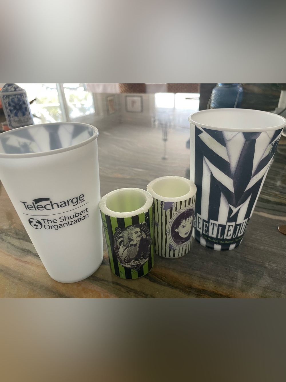 Broadway Beetlejuice Black and White Promotional Cups set of 2 and candles